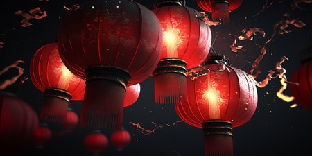 Experience the magical ambiance of the Chinese New Year with these stunning red lanterns shining brightly in the night.の素材