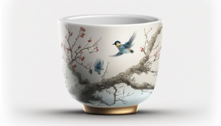 Classic Chinese tea cup on a pure white background for minimalist aesthetics and easy isolation for design and advertising purposesの素材