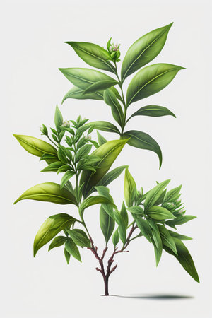 Detailed shot of fresh green tea plants separated from backgroundの素材