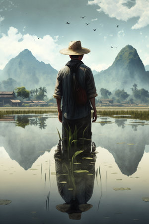 A mesmerizing scene of a Chinese farmer tending to his rice paddy, with the breathtaking beauty of the surrounding landscape reflected in the calm watersの素材