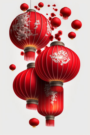 Traditional Chinese red lanterns isolated on a white background, perfect for festive decorations and celebrations.の素材