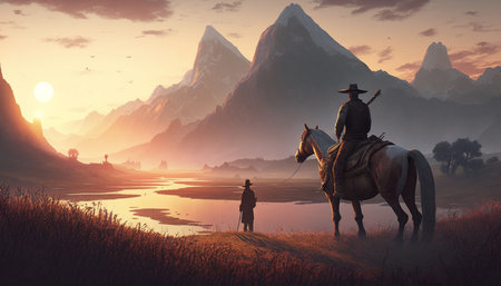 A tranquil scene of a Chinese farmer and his horse tending to the fields, surrounded by a stunning mountainous landscape as the sun sets in the backgroundの素材