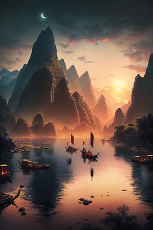 A breathtaking view of a stunning Chinese landscape featuring a grand river, towering mountains, and a multitude of fishing boats, all illuminated by the warm glow of the setting sunの素材
