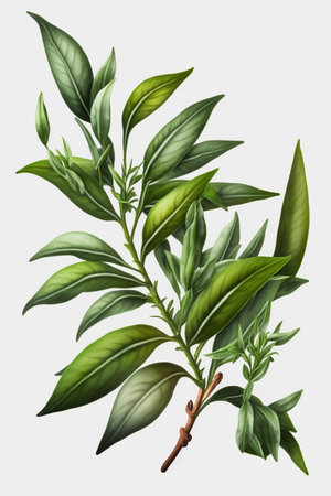 Detailed shot of fresh green tea plants separated from backgroundの素材