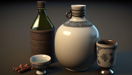 A set of Chinese rice wine bottles and shot glasses on displayの素材