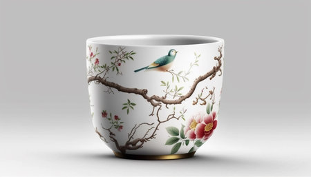 Classic Chinese tea cup on a pure white background for minimalist aesthetics and easy isolation for design and advertising purposesの素材