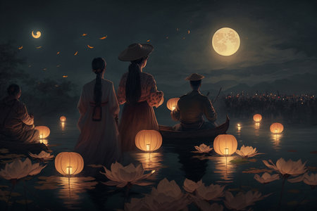 Experience the magic of a Chinese lantern festival by the tranquil waters of a lake, with people standing in the water and admiring the boats in the mystical evening ambiance.の素材