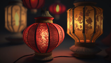 Colorful and intricate Chinese paper lanterns adding a touch of festivity to the atmosphereの素材