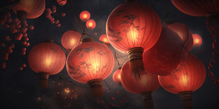 Experience the magical ambiance of the Chinese New Year with these stunning red lanterns shining brightly in the night.の素材