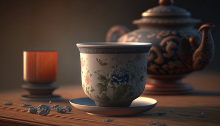 Experience a glimpse of Chinese tea culture with this elegant traditional tea cup settingの素材