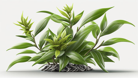 Detailed shot of fresh green tea plants separated from backgroundの素材