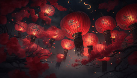 Experience the magical ambiance of the Chinese New Year with these stunning red lanterns shining brightly in the night.の素材