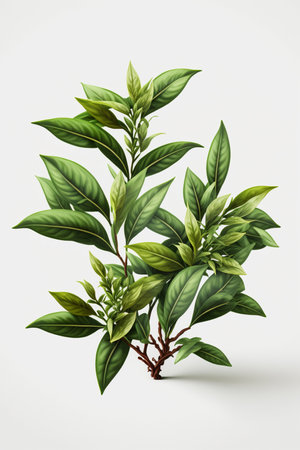 Detailed shot of fresh green tea plants separated from backgroundの素材