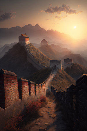 A tranquil evening view of the iconic Chinese Wall at sunset, blending natural beauty and man-made wonderの素材