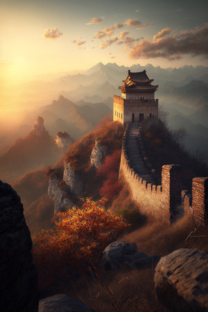 A tranquil evening view of the iconic Chinese Wall at sunset, blending natural beauty and man-made wonderの素材