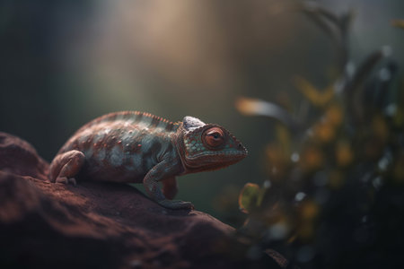 A chameleon perched on a rocky terrain with lush green jungle in the background.の素材