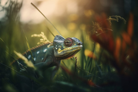 A colorful chameleon sits calmly in the lush green grass.の素材