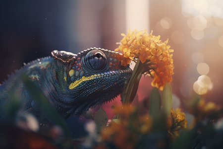 A vibrant chameleon perches amidst strikingly colorful flowersの素材