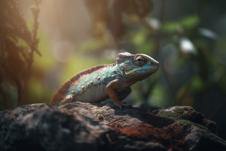 A chameleon perched on a rocky terrain with lush green jungle in the background.の素材