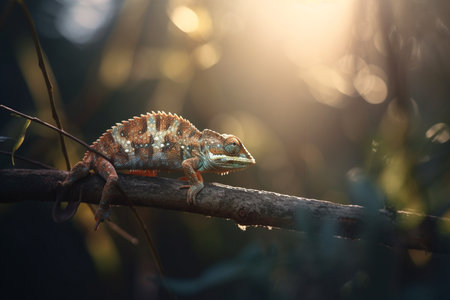 A camouflaged chameleon perched on a branch in a lush jungle environment, blending in seamlessly with its surroundings.の素材