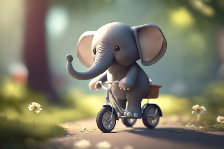 A funny little elephant enjoys a bike ride through the forest in the springtime.の素材