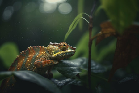 A colorful chameleon sitting on a fresh green leaf, blending in with its surroundings.の素材