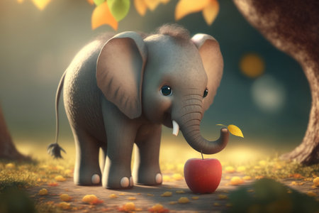 A cute little elephant enjoying a fresh apple under a beautiful apple tree.の素材