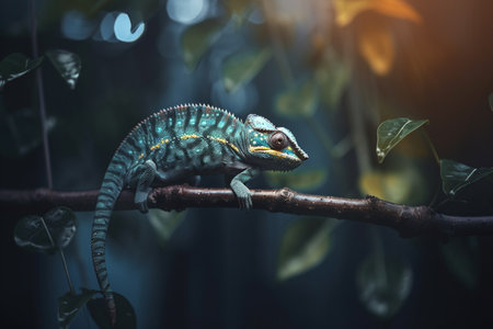 A camouflaged chameleon perched on a branch in a lush jungle environment, blending in seamlessly with its surroundings.の素材