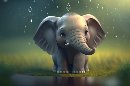 This cute little elephant is having fun in the rain, as the raindrops pour down on him. He seems to be enjoying every moment of itの素材