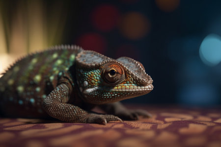 A colorful chameleon sits comfortably on a soft carpet, blending in with its surroundings.の素材