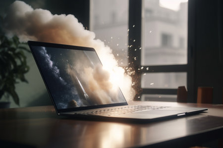 Laptop explosion causes chaos and dust on an office deskの素材
