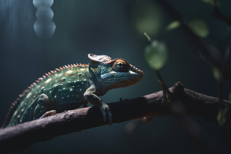 A camouflaged chameleon perched on a branch in a lush jungle environment, blending in seamlessly with its surroundings.の素材
