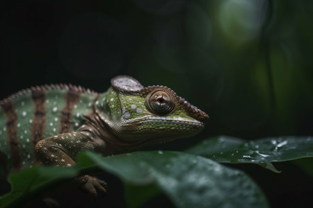 A colorful chameleon sitting on a fresh green leaf, blending in with its surroundings.の素材
