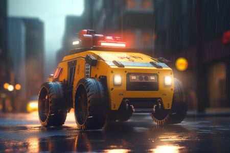 Experience the future of transportation with a robotic taxi cruising through a futuristic cityscape.の素材