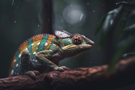 A camouflaged chameleon perched on a branch in a lush jungle environment, blending in seamlessly with its surroundings.の素材