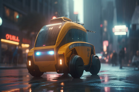 Experience the future of transportation with a robotic taxi cruising through a futuristic cityscape.の素材