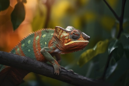 A chameleon perfectly blends in with the jungle scenery while sitting on a tree branchの素材