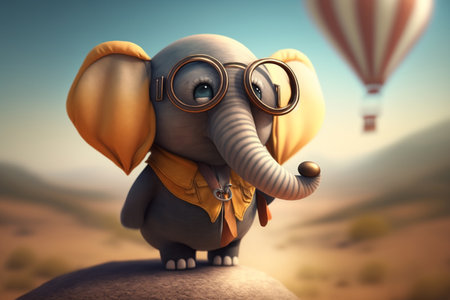 A playful elephant sporting specs enjoys a hot air balloon ride with a flying balloon in the backdropの素材