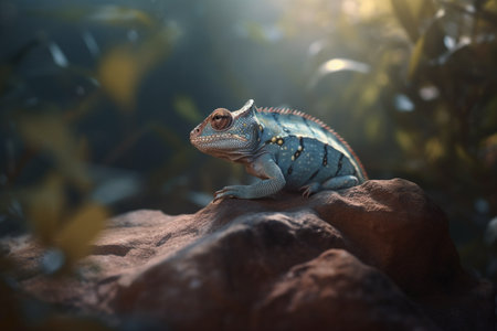 A chameleon perched on a rocky terrain with lush green jungle in the background.の素材