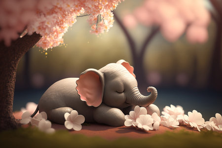 A cute elephant sleeps peacefully under a beautiful pink blossom tree, enjoying a sunny day in nature.の素材