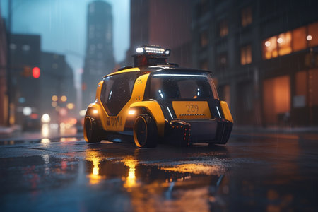 Experience the future of transportation with a robotic taxi cruising through a futuristic cityscape.の素材