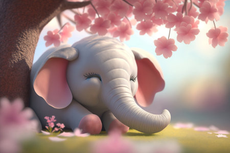 A cute elephant sleeps peacefully under a beautiful pink blossom tree, enjoying a sunny day in nature.の素材