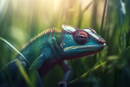 A colorful chameleon sits calmly in the lush green grass.の素材