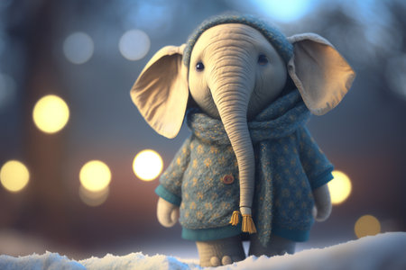 A cute little elephant bundled up in winter gear plays in the snow.の素材