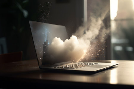 Laptop explosion causes chaos and dust on an office deskの素材