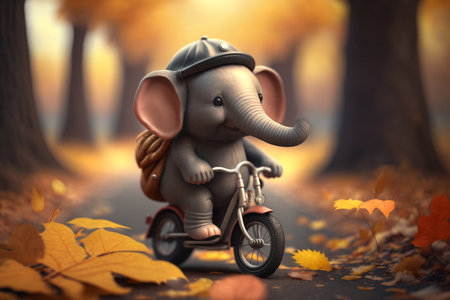 A cute little elephant is cycling through the forest in autumn, surrounded by the beautiful colors of falling leaves.の素材