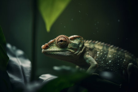 A colorful chameleon sitting on a fresh green leaf, blending in with its surroundings.の素材
