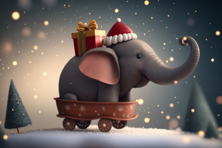 Get ready for some Christmas fun with this adorable little elephant riding a sled in the snowy wonderland wearing a cute Christmas hat.の素材