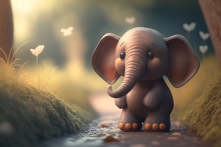 Take a walk through nature with this cute little elephant in a green forest.の素材