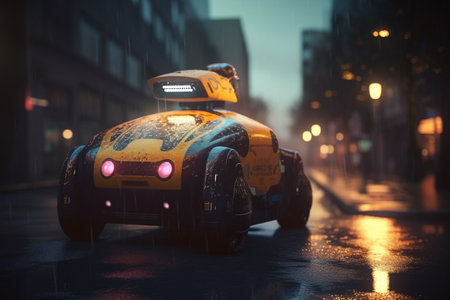 Experience the future of transportation with a robotic taxi cruising through a futuristic cityscape.の素材